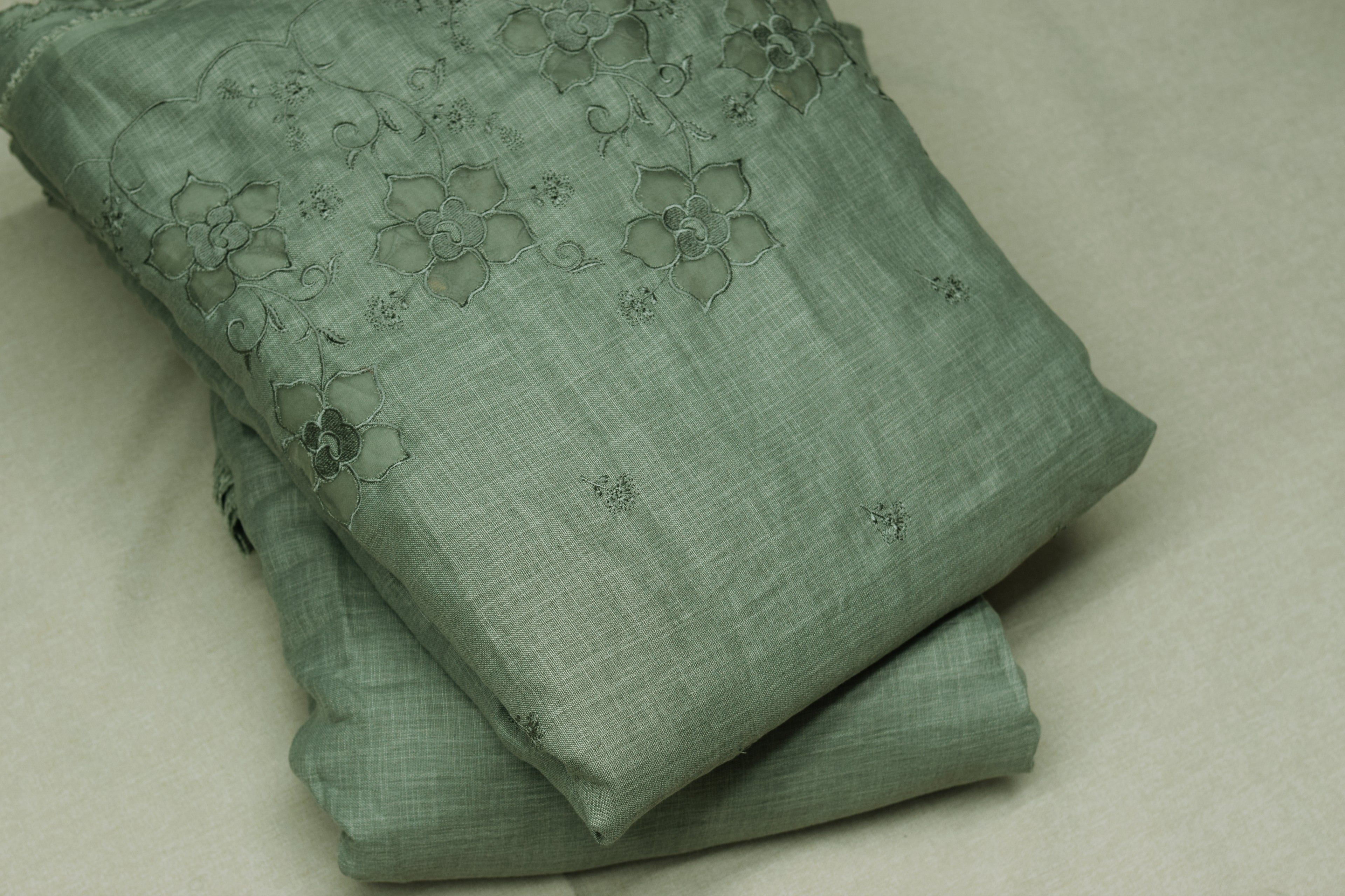 Sage Green Semi Linen Dress Material Set with Floral Embroidery – Top & Bottom | 54" Width