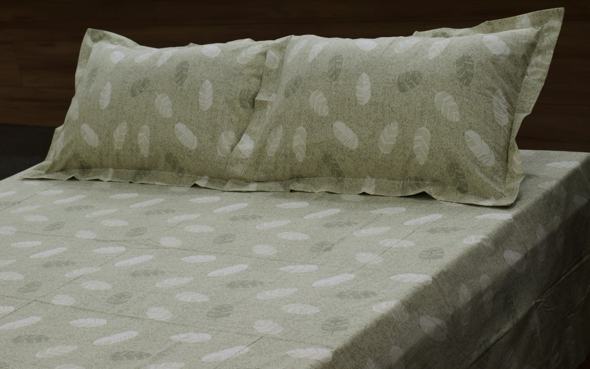 Sage Green Leaf Print Queen Size Cotton Blend Bedsheet with 2 Pillow Covers (90x100 inches)
