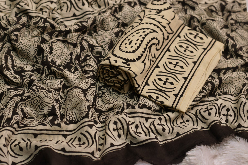 Black & Beige Floral Printed Churidar Set Material