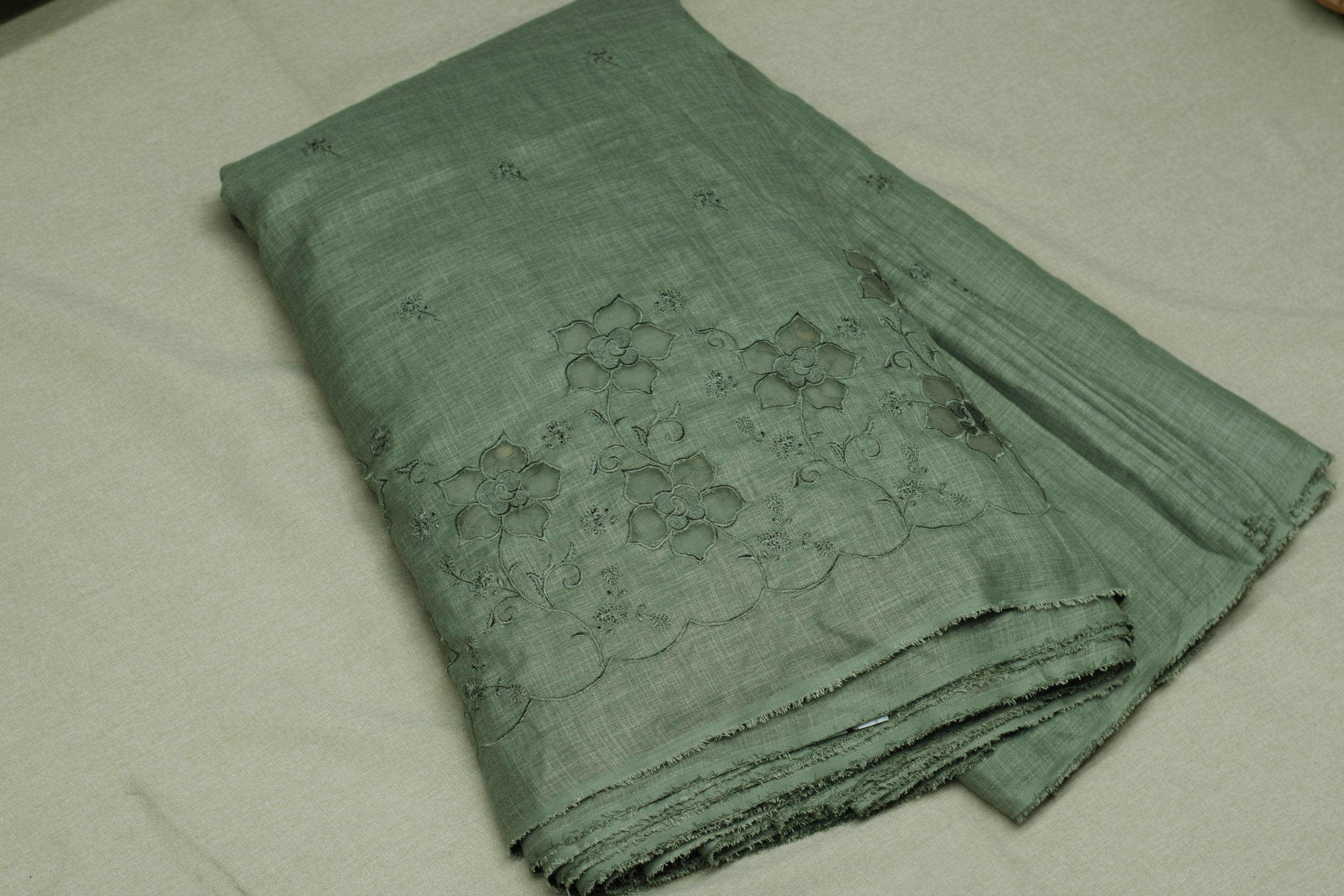 Sage Green Semi Linen Dress Material Set with Floral Embroidery – Top & Bottom | 54" Width