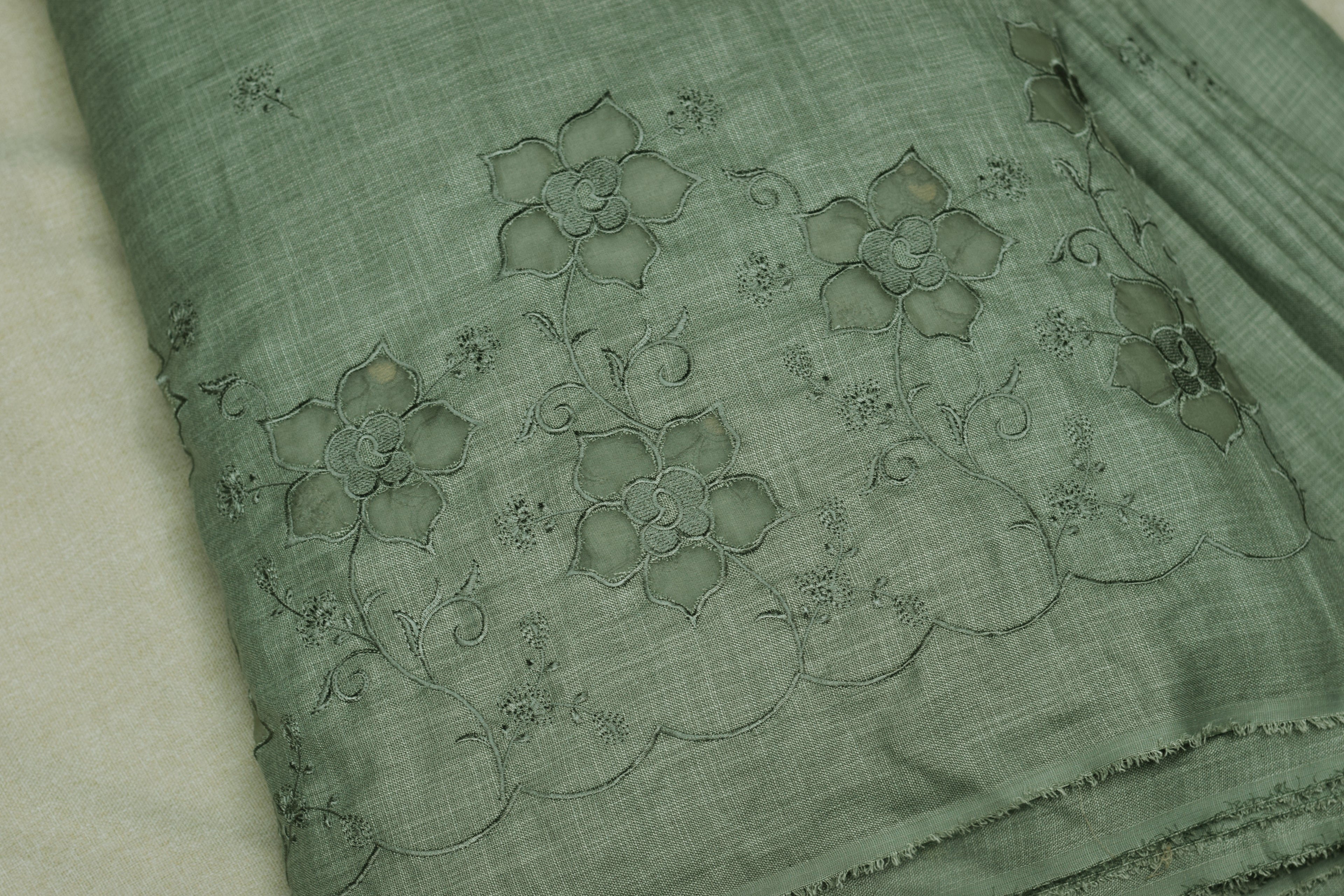 Sage Green Semi Linen Dress Material Set with Floral Embroidery – Top & Bottom | 54" Width