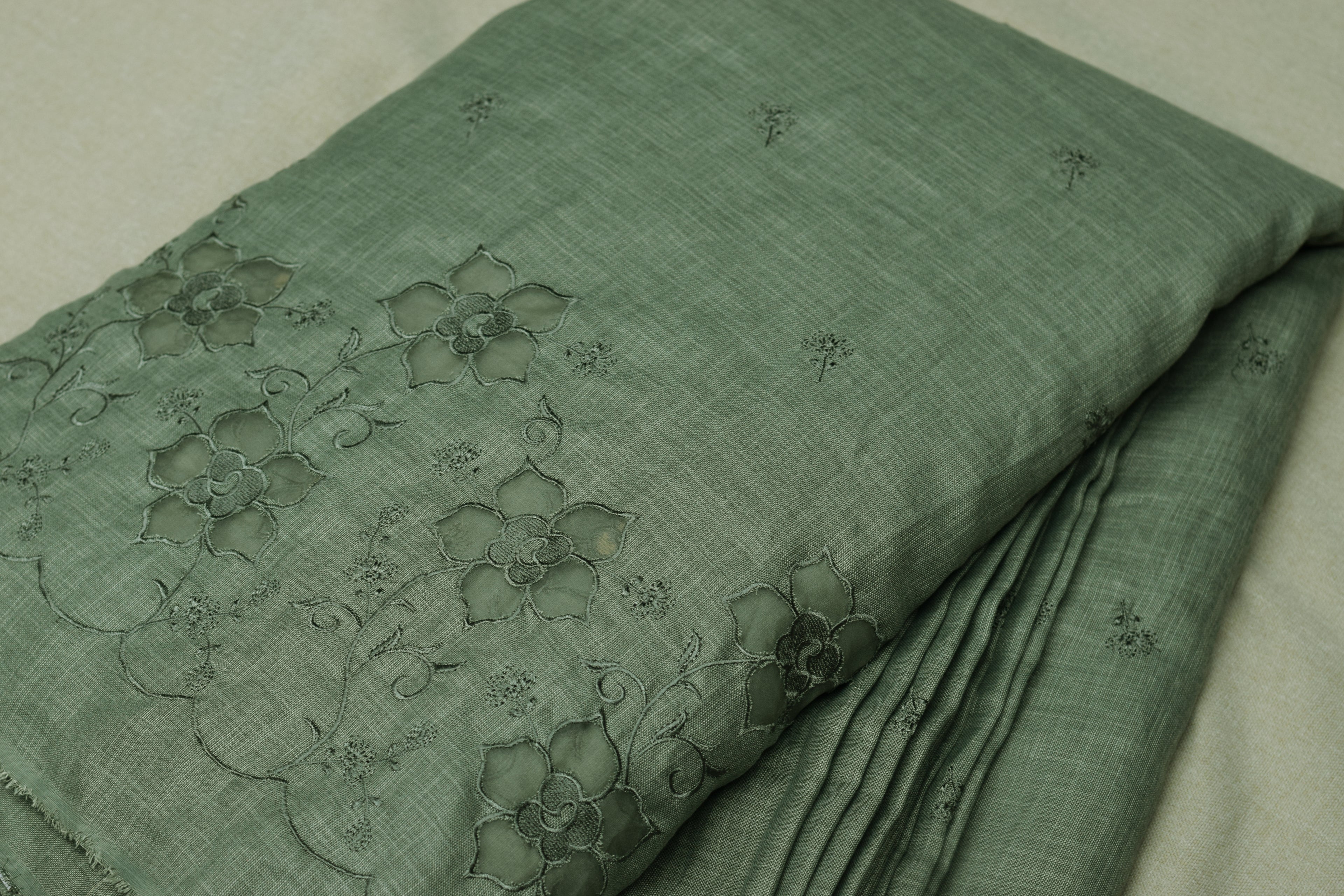 Sage Green Semi Linen Dress Material Set with Floral Embroidery – Top & Bottom | 54" Width