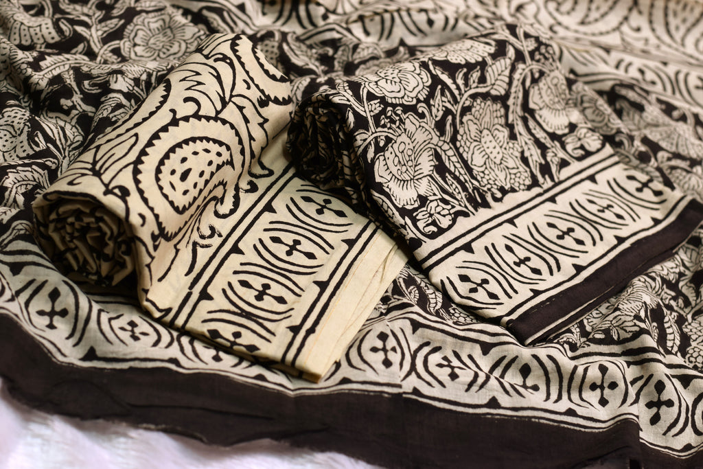 Black & Beige Floral Printed Churidar Set Material