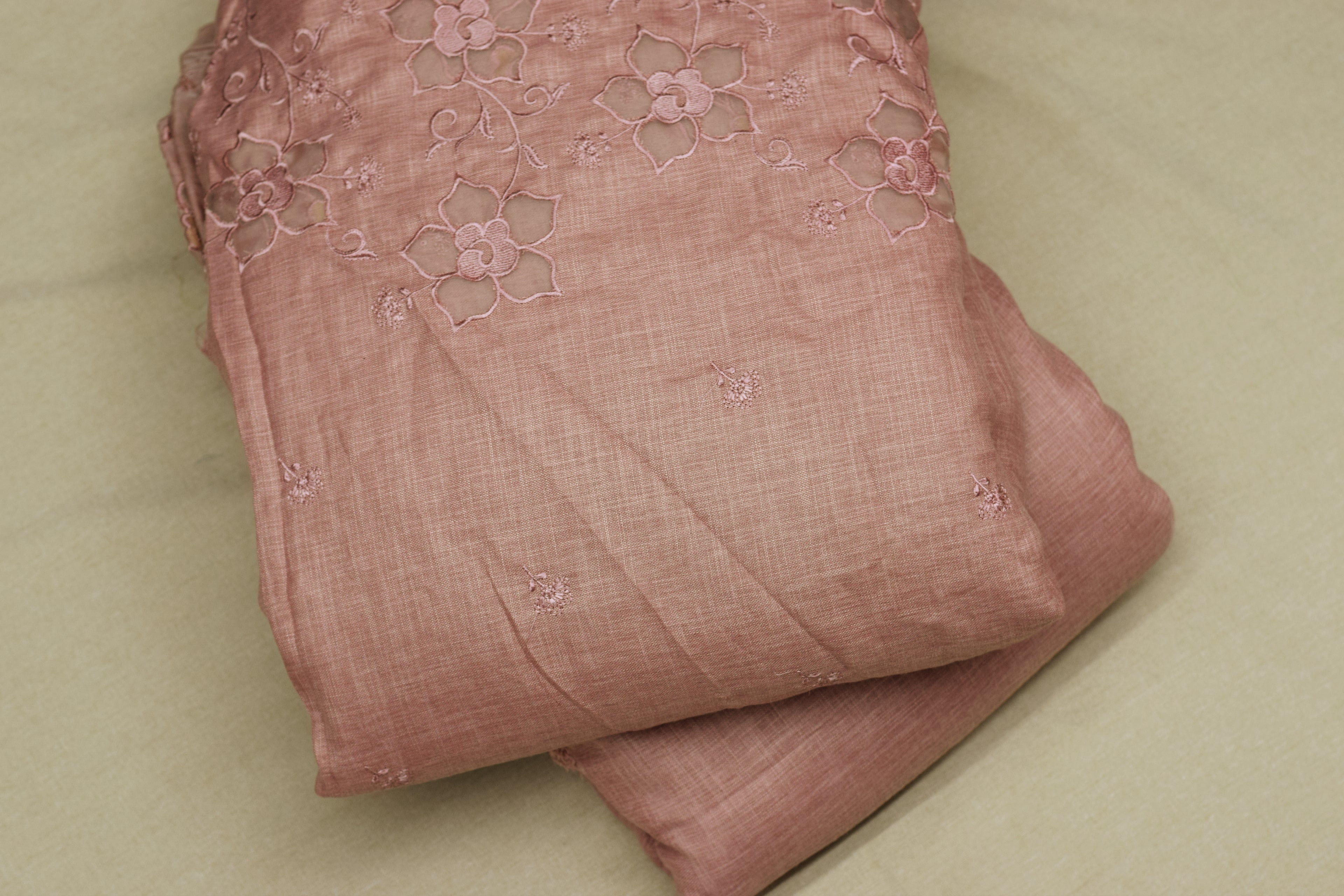 Dusty Rose Semi Linen Embroidered Dress Material Set – Top & Bottom | 54" Width