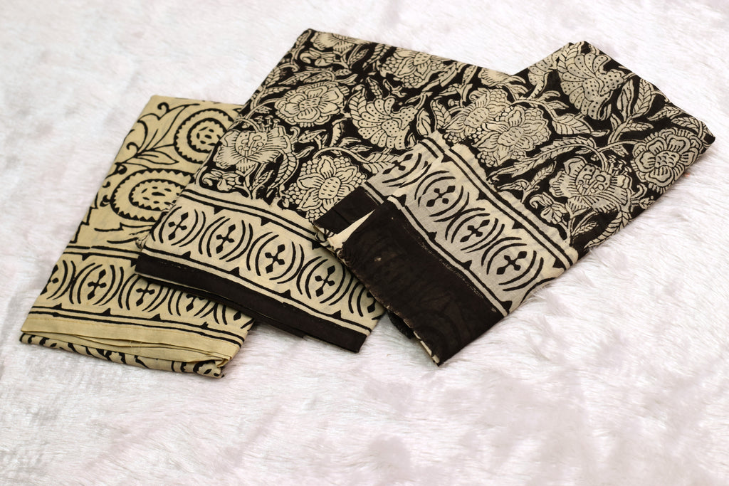 Black & Beige Floral Printed Churidar Set Material