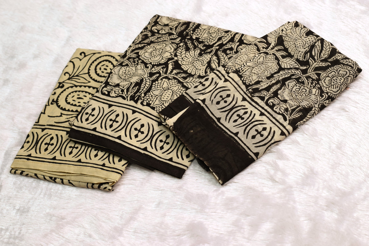 Black & Beige Floral Printed Churidar Set Material