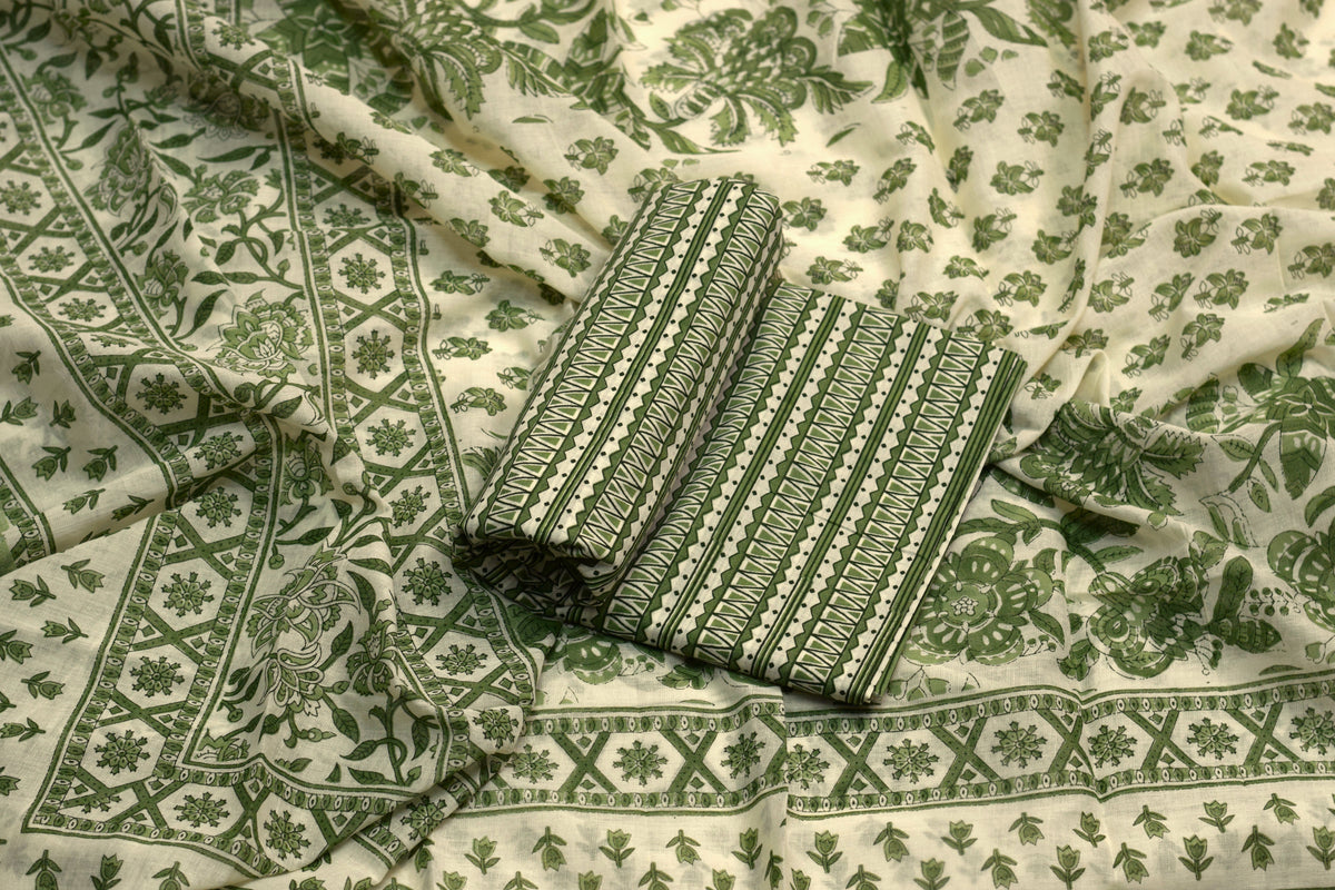 Green Floral Printed Churidar Set Material – Elegant Ethnic Dress Fabric