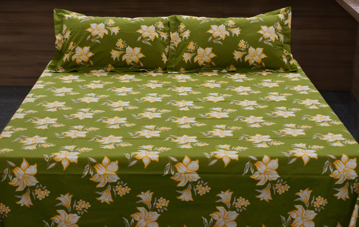 Olive Green Floral Print Queen Size Cotton Blend Bedsheet with 2 Pillow Covers (90x100 inches)