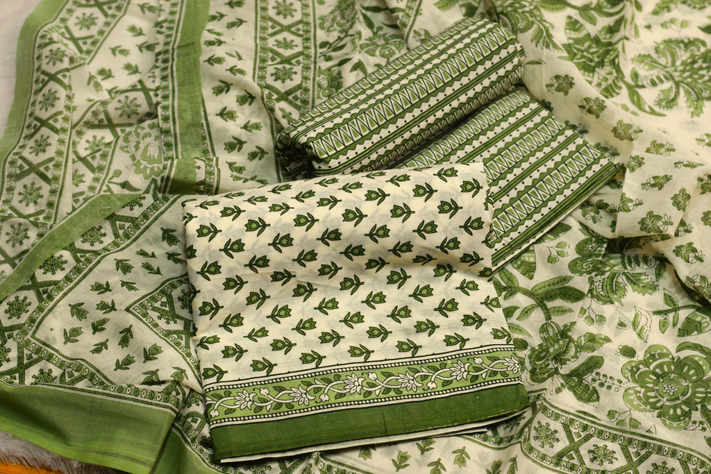 Green Floral Printed Churidar Set Material – Elegant Ethnic Dress Fabric