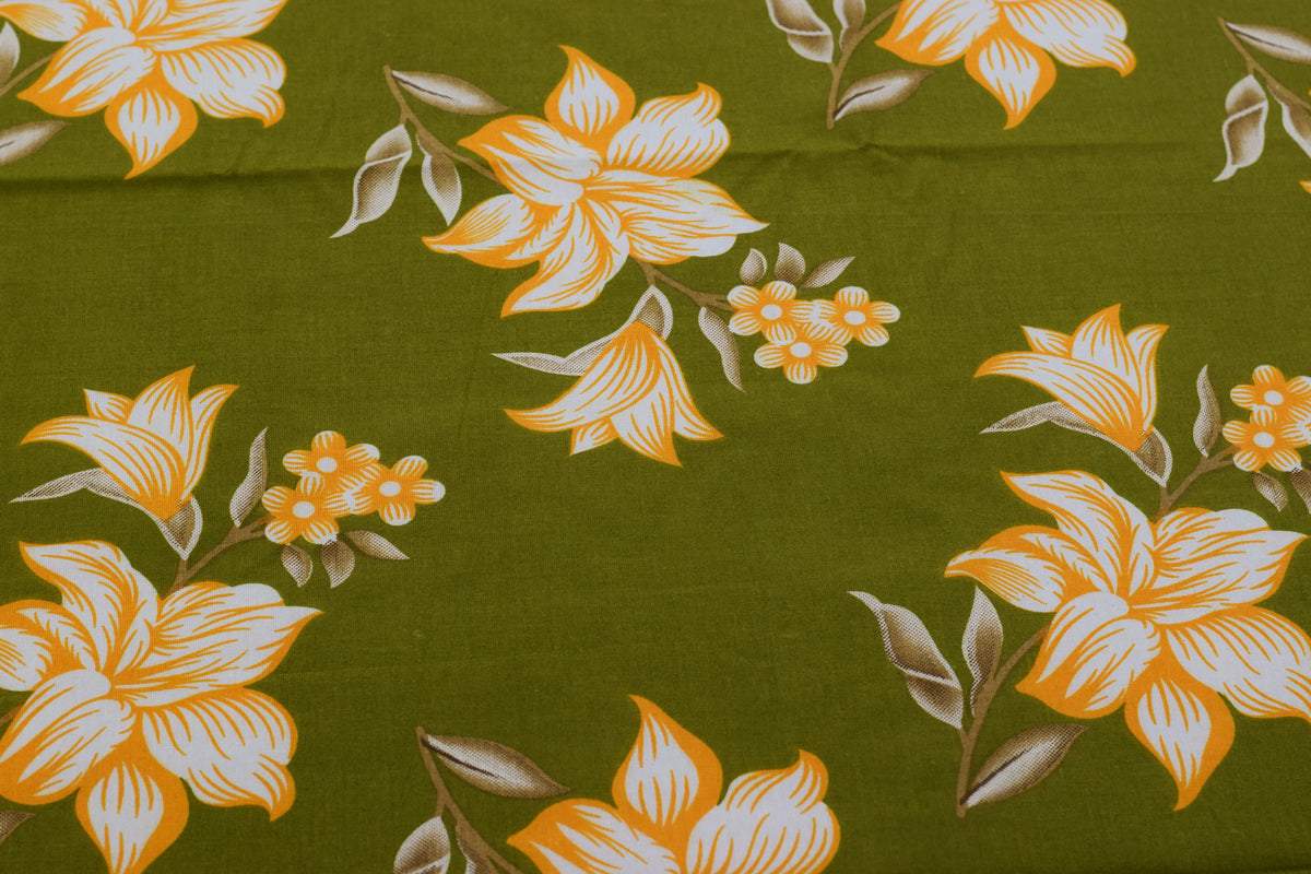Olive Green Floral Print Queen Size Cotton Blend Bedsheet with 2 Pillow Covers (90x100 inches)