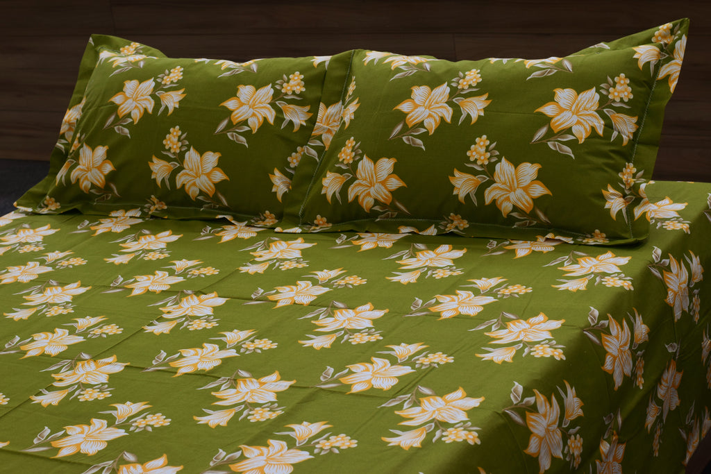 Olive Green Floral Print Queen Size Cotton Blend Bedsheet with 2 Pillow Covers (90x100 inches)