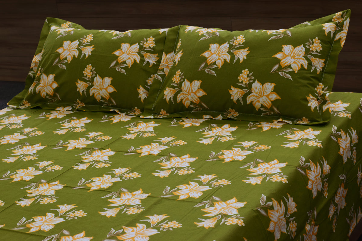 Olive Green Floral Print Queen Size Cotton Blend Bedsheet with 2 Pillow Covers (90x100 inches)