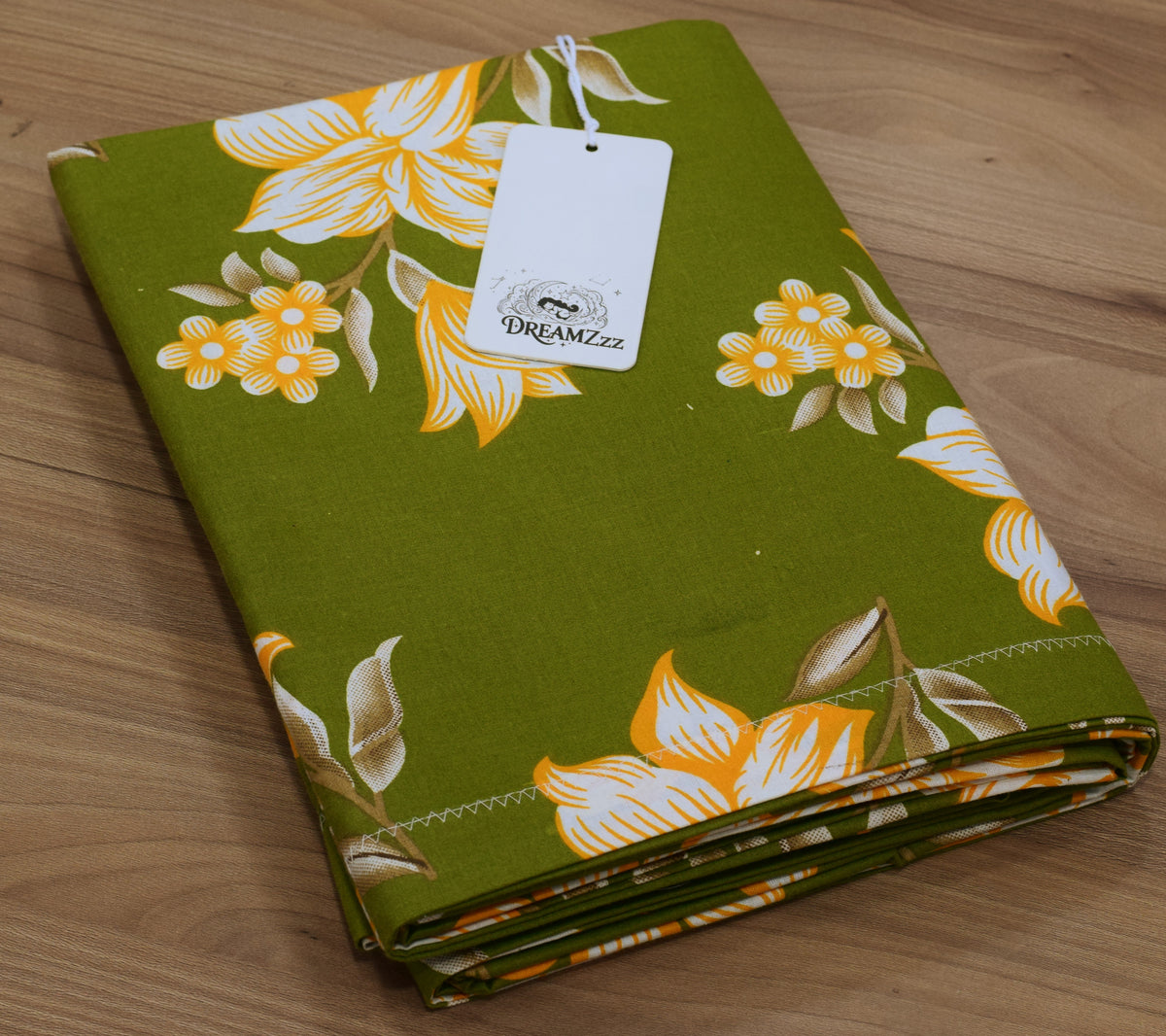 Olive Green Floral Print Queen Size Cotton Blend Bedsheet with 2 Pillow Covers (90x100 inches)