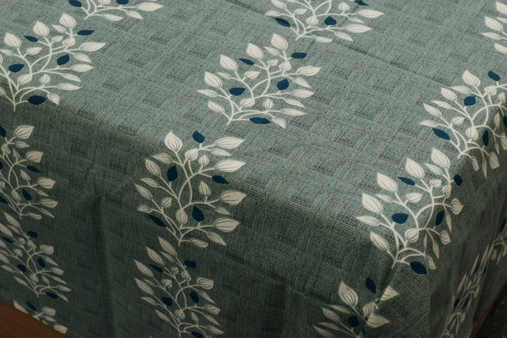 Dusty Blue Leafy Vine Print Queen Size Cotton Blend Bedsheet with 2 Pillow Covers (90x100 inches)
