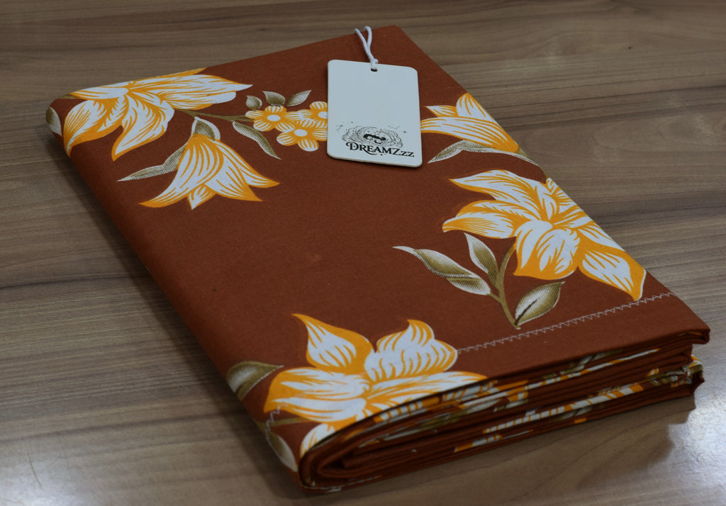 Rust Brown Floral Print Queen Size Cotton Blend Bedsheet with 2 Pillow Covers (90x100 inches)