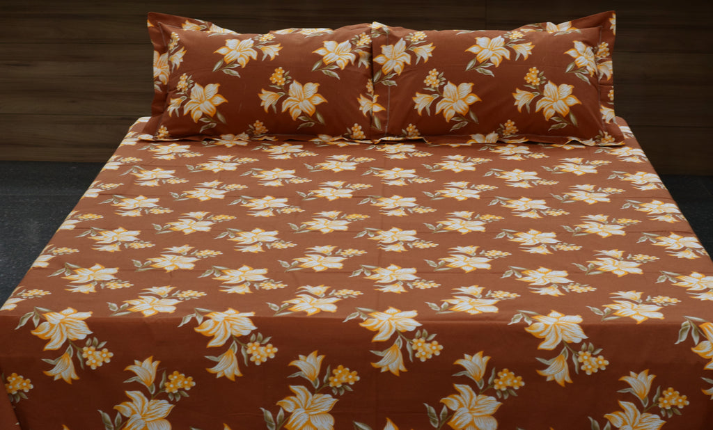 Rust Brown Floral Print Queen Size Cotton Blend Bedsheet with 2 Pillow Covers (90x100 inches)