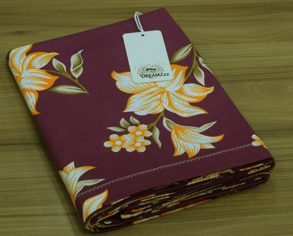 Deep Purple Floral Print Queen Size Cotton Blend Bedsheet with 2 Pillow Covers (90x100 inches)