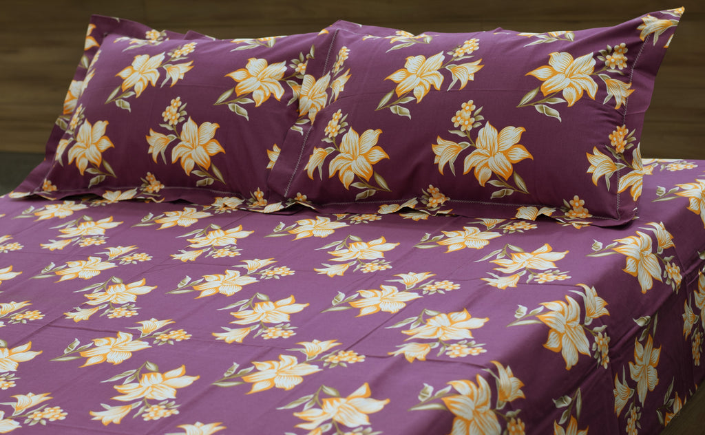 Deep Purple Floral Print Queen Size Cotton Blend Bedsheet with 2 Pillow Covers (90x100 inches)
