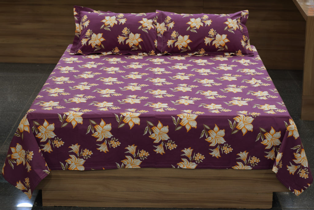 Deep Purple Floral Print Queen Size Cotton Blend Bedsheet with 2 Pillow Covers (90x100 inches)