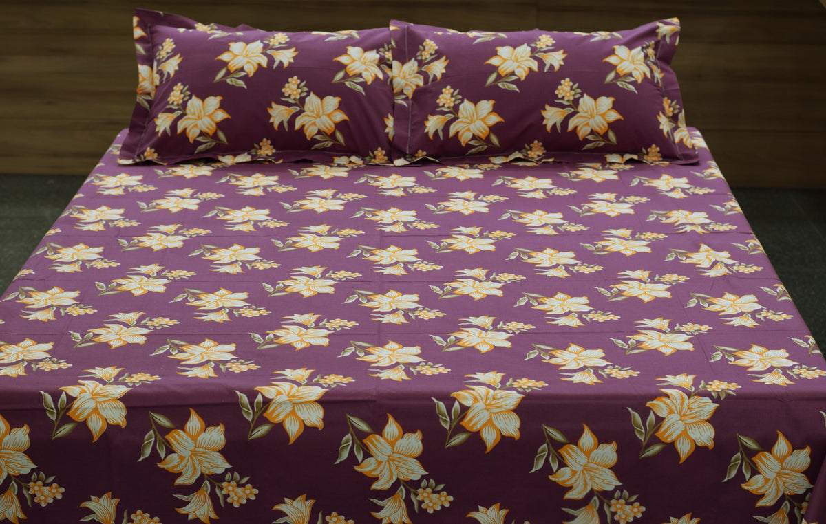 Deep Purple Floral Print Queen Size Cotton Blend Bedsheet with 2 Pillow Covers (90x100 inches)