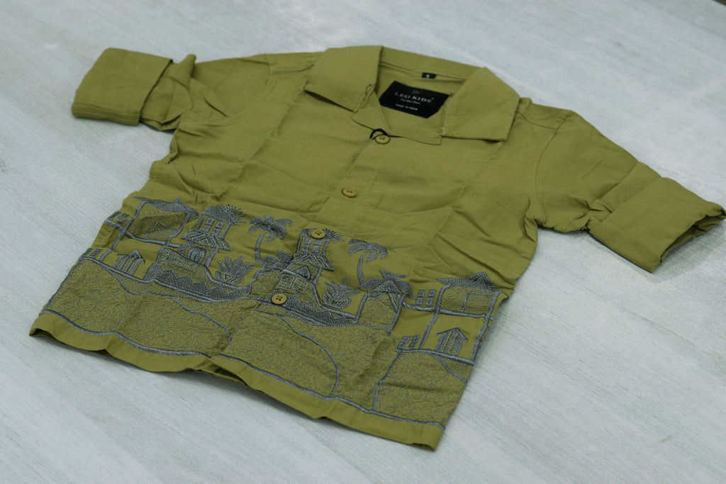 Boys Olive Green Cuban Collar Shirt with Scenic Embroidered Hem