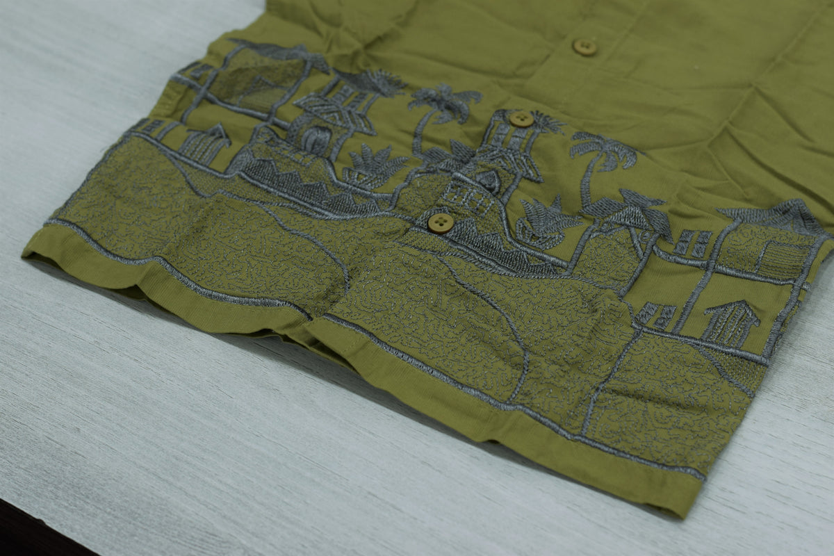 Boys Olive Green Cuban Collar Shirt with Scenic Embroidered Hem