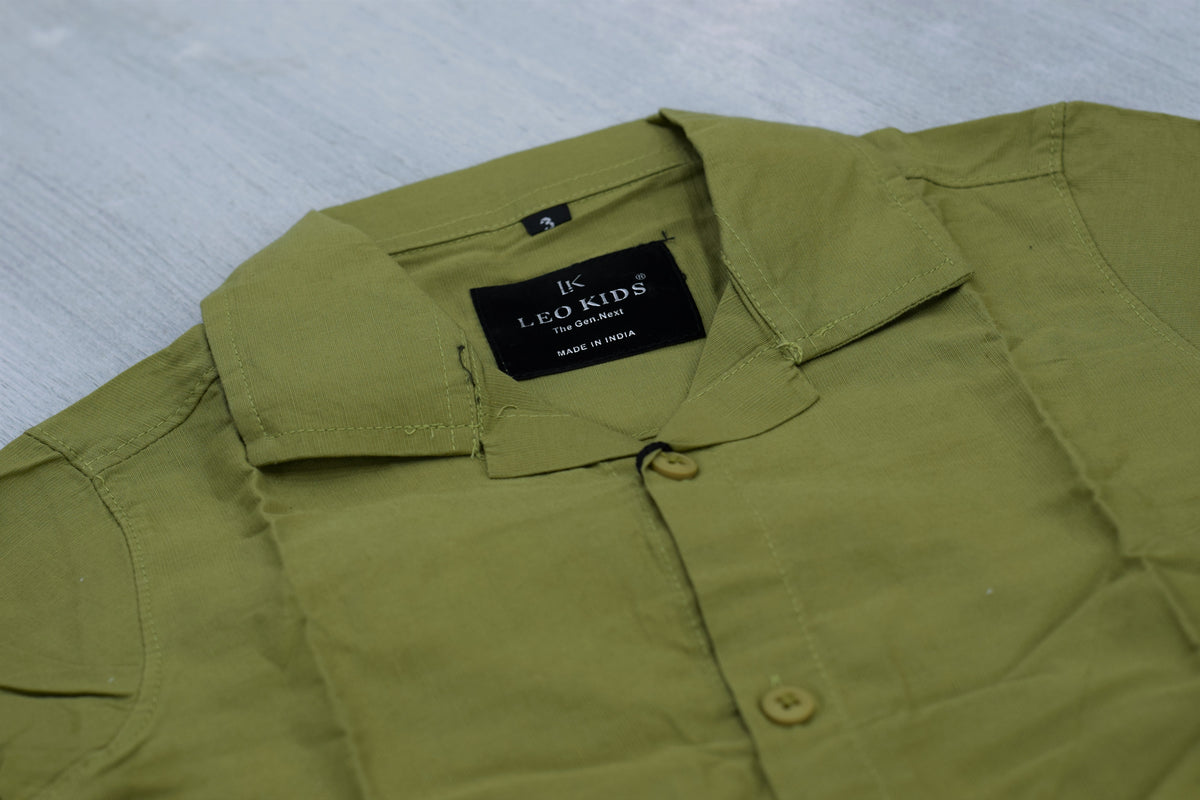 Boys Olive Green Cuban Collar Shirt with Scenic Embroidered Hem