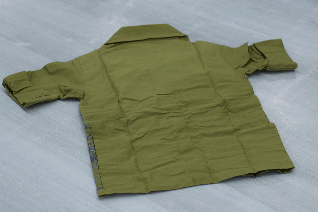 Boys Olive Green Cuban Collar Shirt with Scenic Embroidered Hem