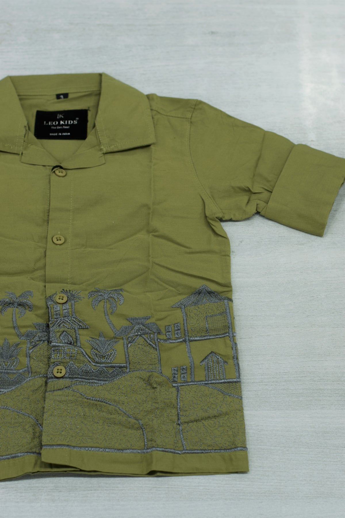 Boys Olive Green Cuban Collar Shirt with Scenic Embroidered Hem