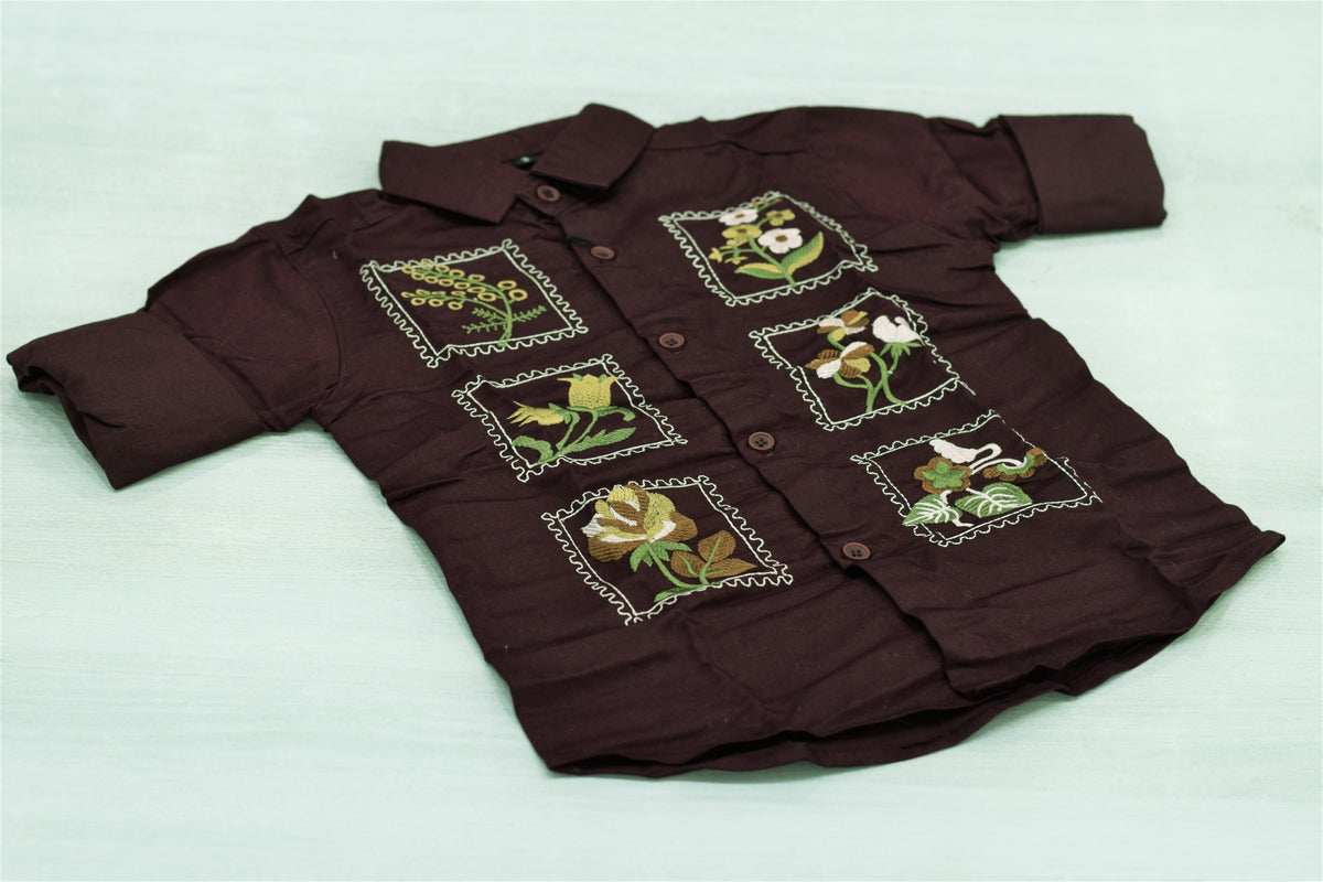 Premium Dark Wine Floral Patch Embroidered Casual Shirt for Boys