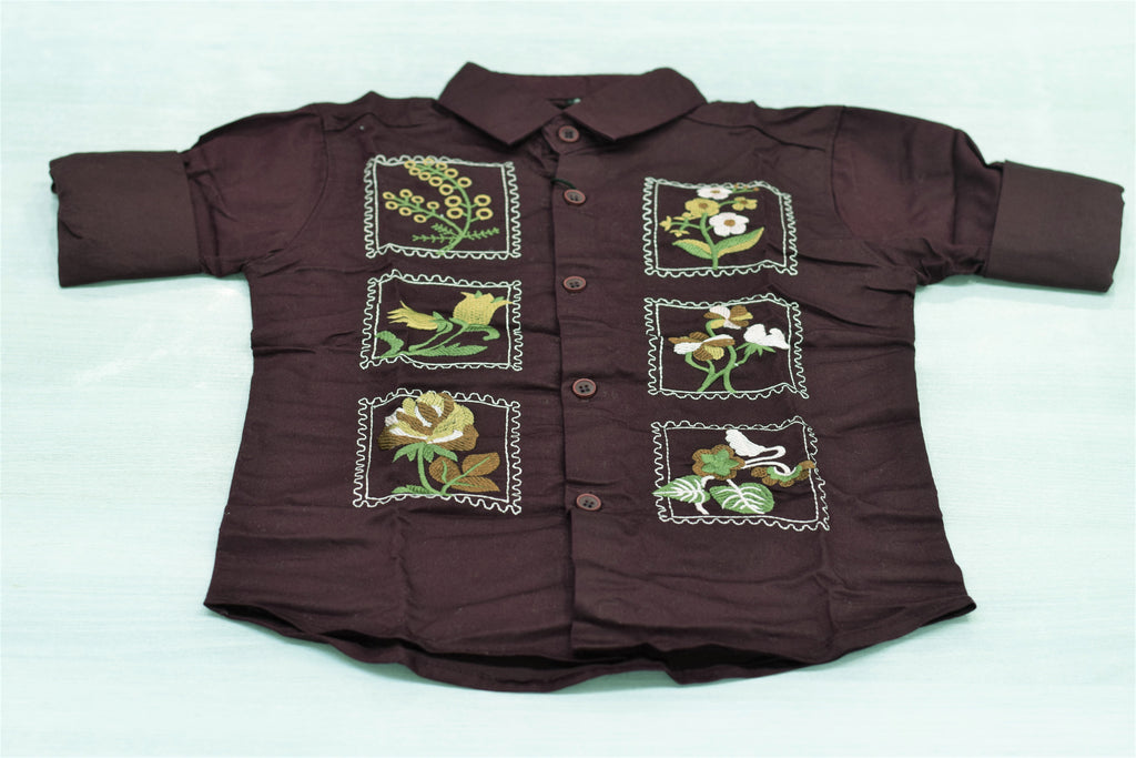 Premium Dark Wine Floral Patch Embroidered Casual Shirt for Boys