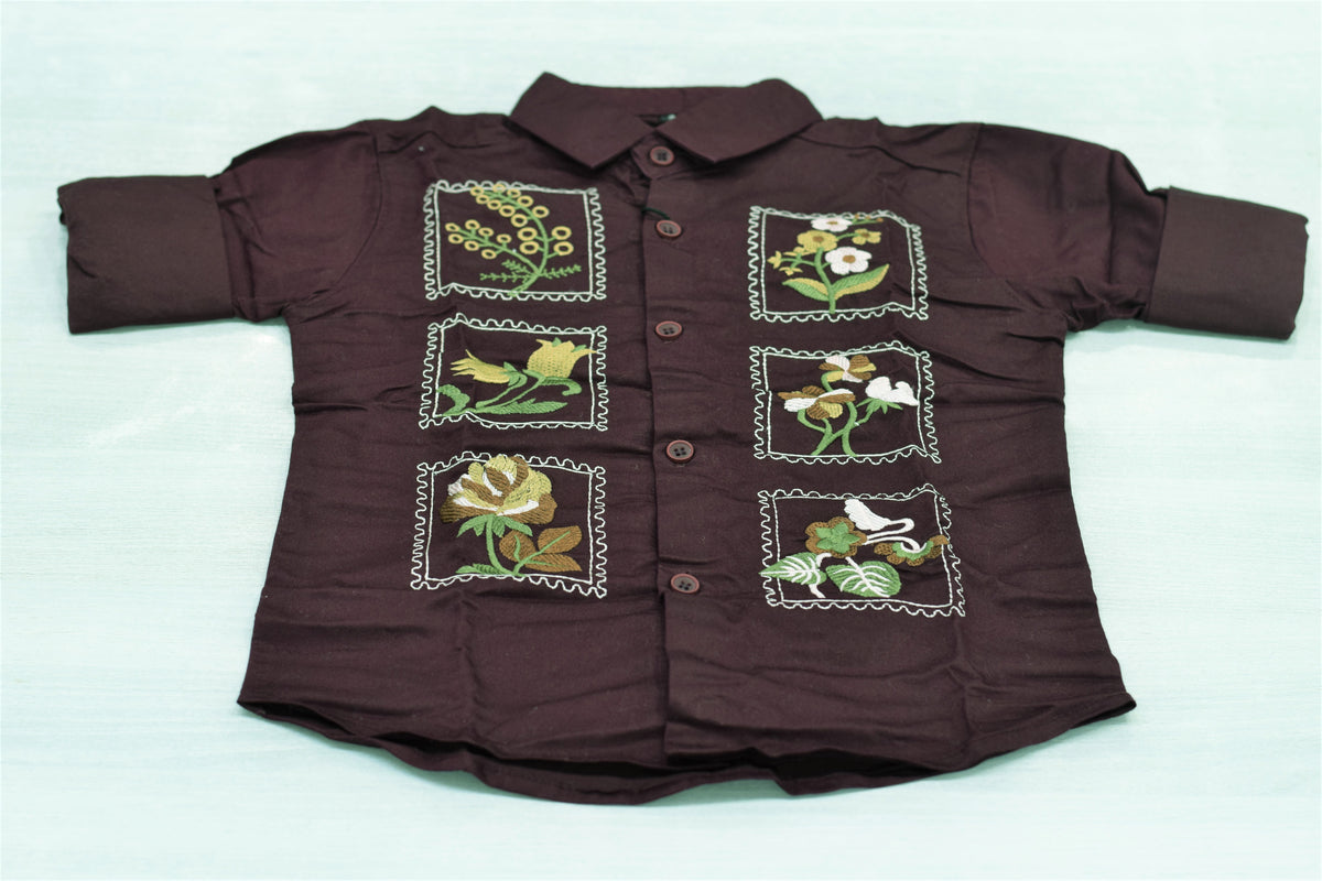 Premium Dark Wine Floral Patch Embroidered Casual Shirt for Boys