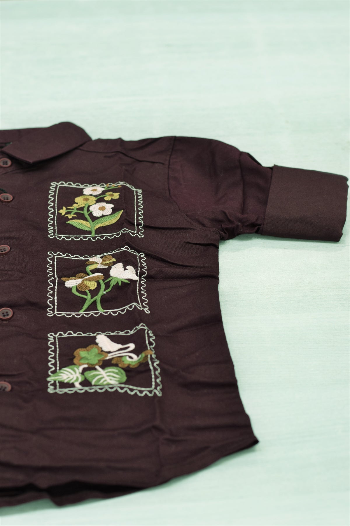 Premium Dark Wine Floral Patch Embroidered Casual Shirt for Boys