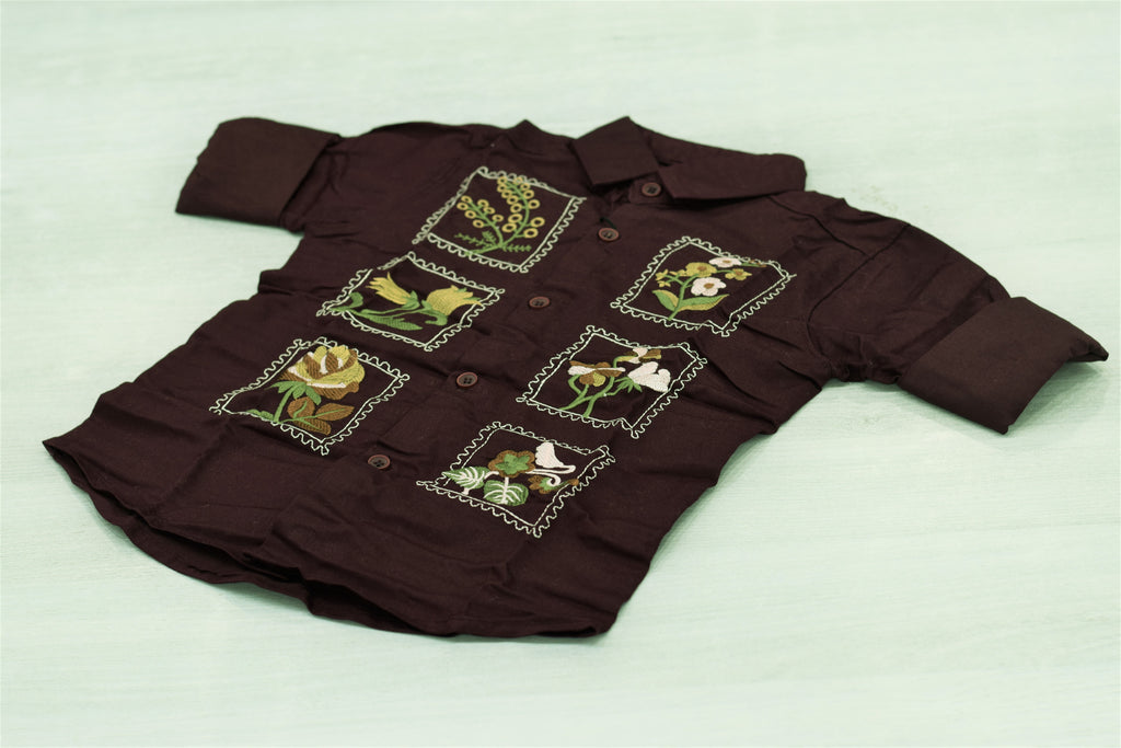 Premium Dark Wine Floral Patch Embroidered Casual Shirt for Boys