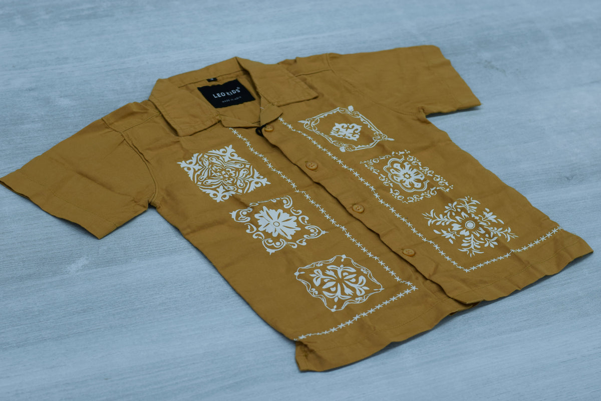 Boys Mustard Yellow Cuban Collar Shirt with White Bandana Motif Print