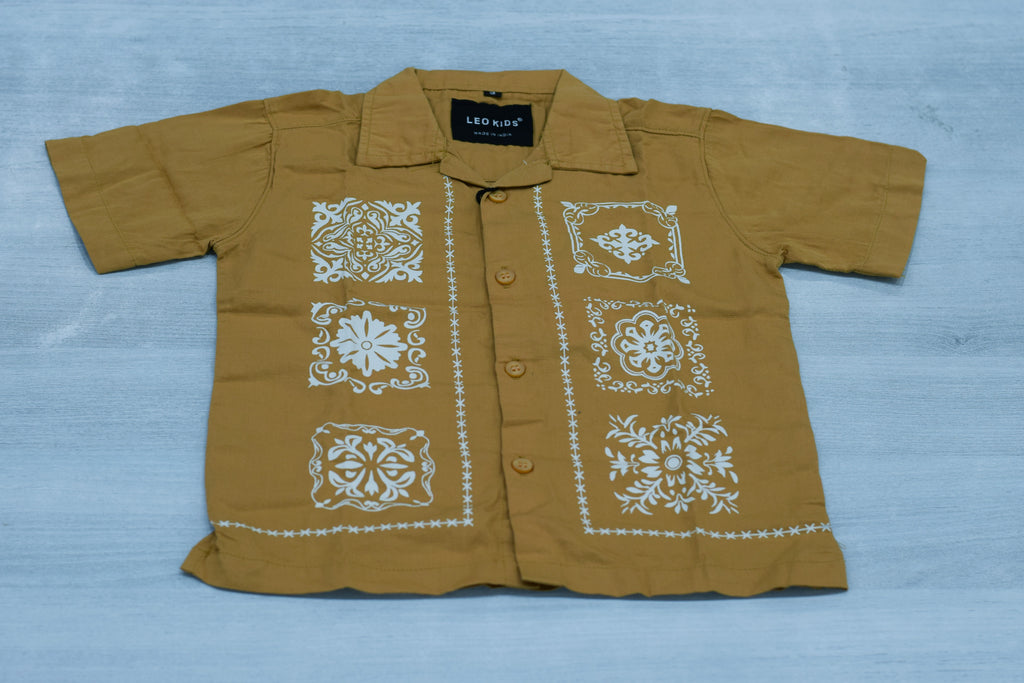 Boys Mustard Yellow Cuban Collar Shirt with White Bandana Motif Print