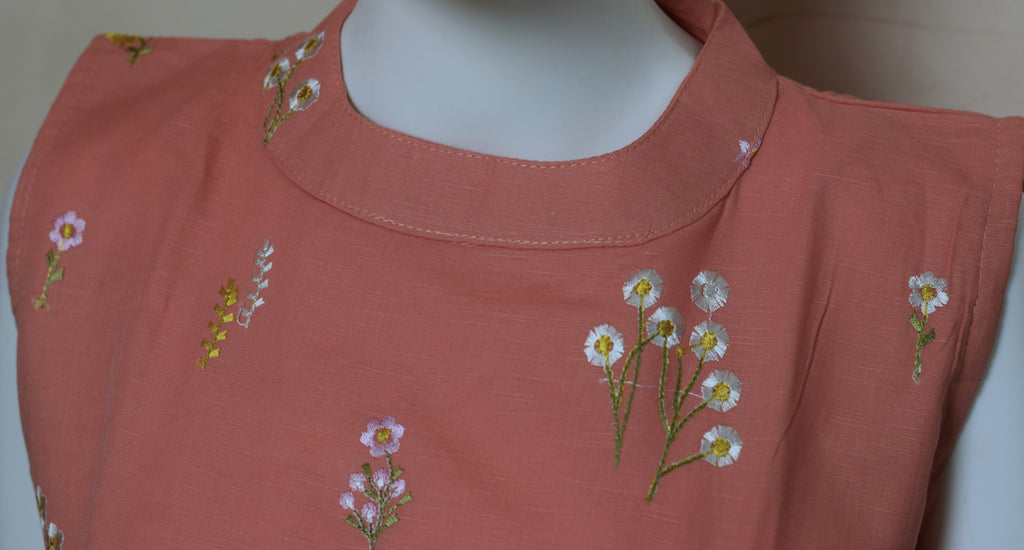 Women's Floral Embroidered Sleeveless Churidar Top | Cotton Blend Kurti Top | Top Only | Sleeve Fabric Included