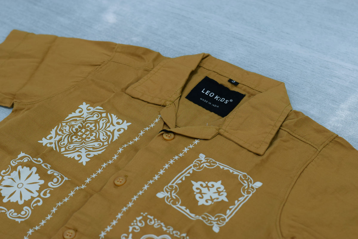 Boys Mustard Yellow Cuban Collar Shirt with White Bandana Motif Print