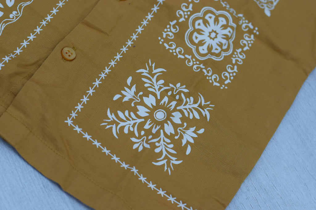 Boys Mustard Yellow Cuban Collar Shirt with White Bandana Motif Print