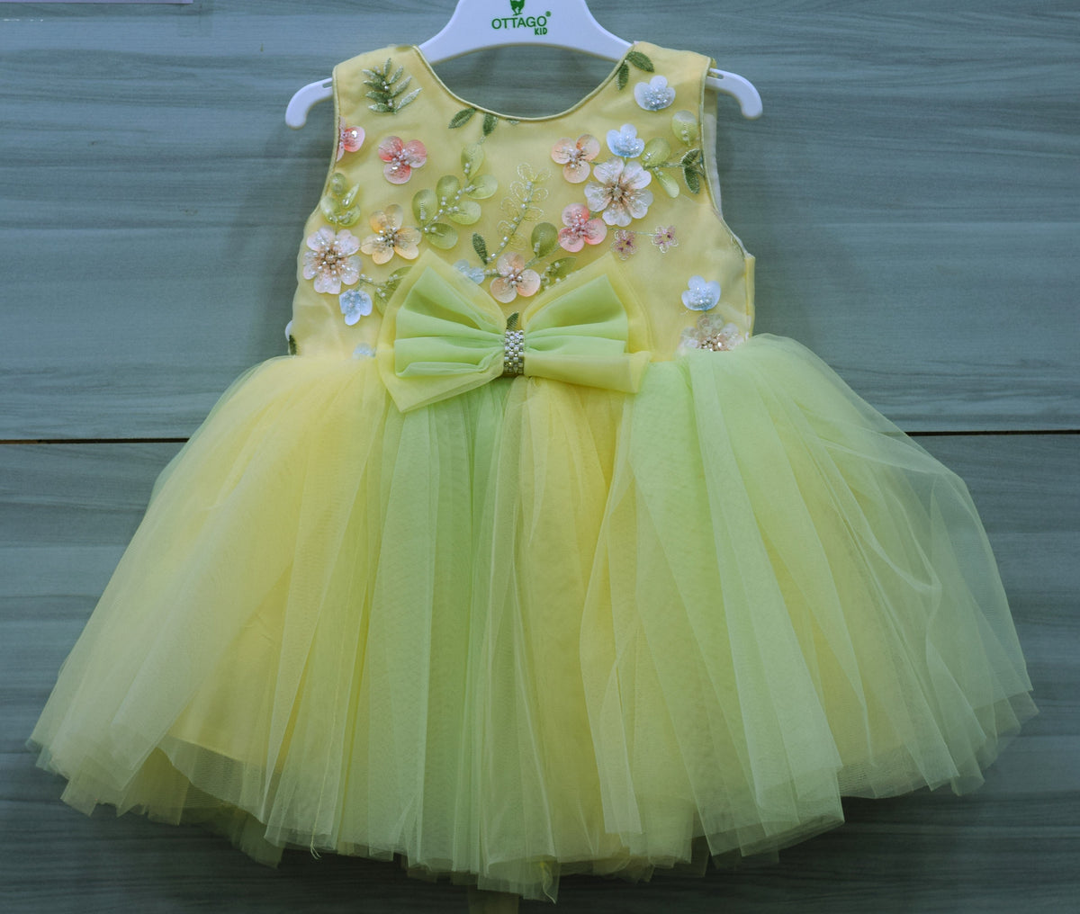 Yellow Fancy Baby Girl Frock with Floral Embellishments and Tulle Skirt