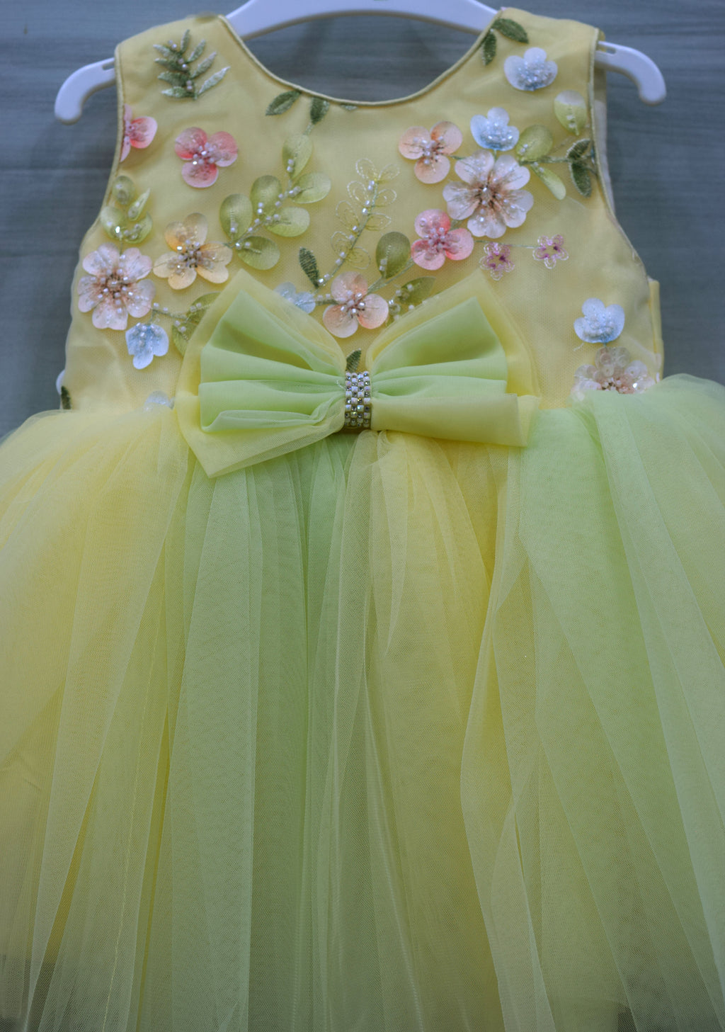 Yellow Fancy Baby Girl Frock with Floral Embellishments and Tulle Skirt