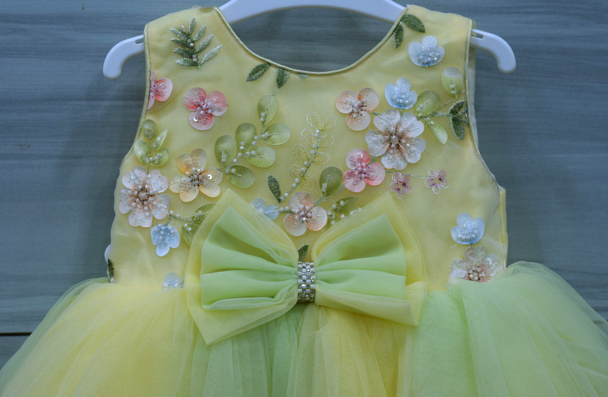Yellow Fancy Baby Girl Frock with Floral Embellishments and Tulle Skirt