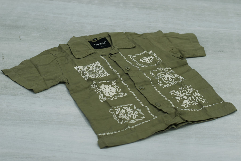 Boys Olive Green Cuban Collar Shirt with White Bandana Motif Print