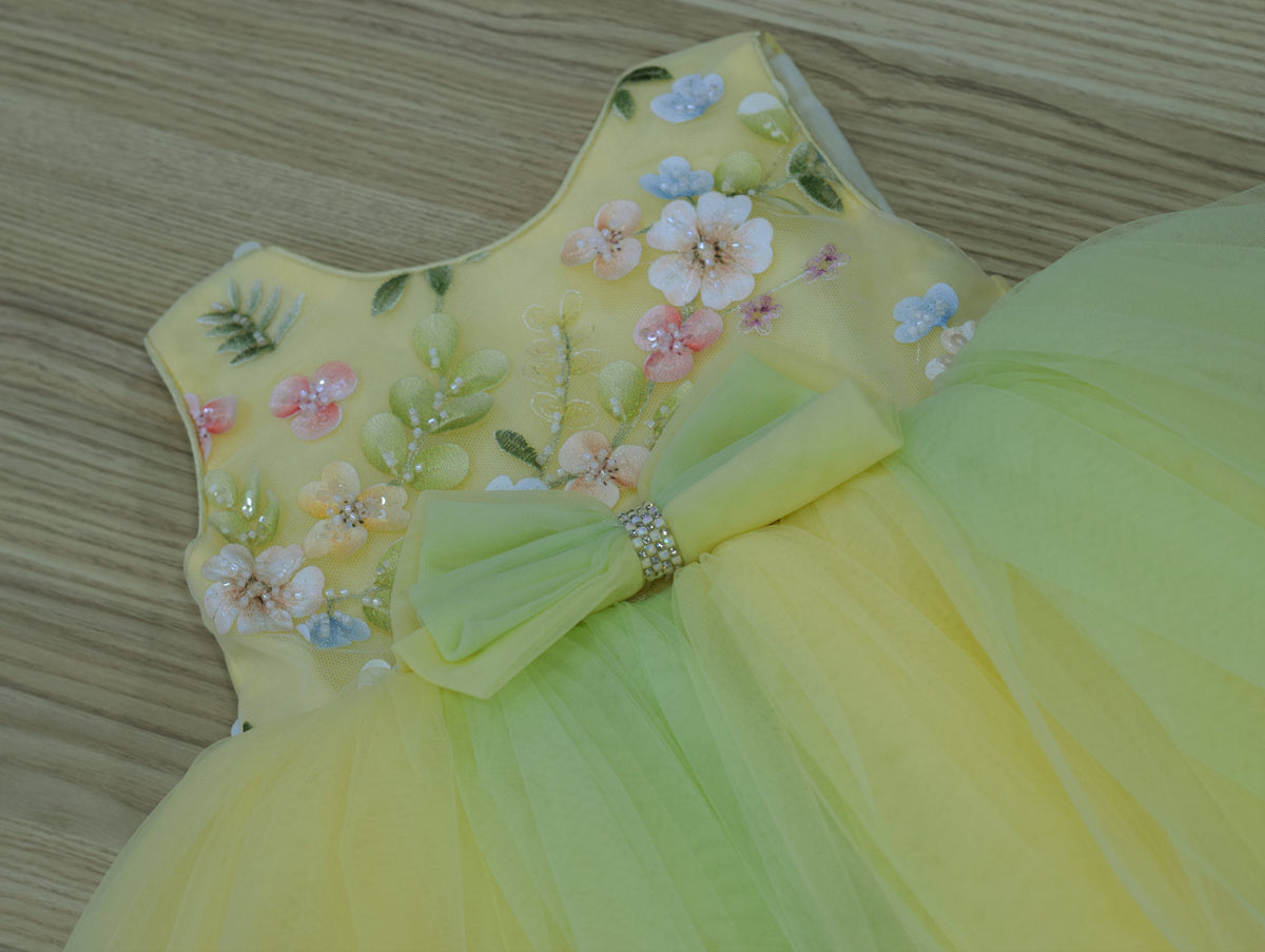 Yellow Fancy Baby Girl Frock with Floral Embellishments and Tulle Skirt