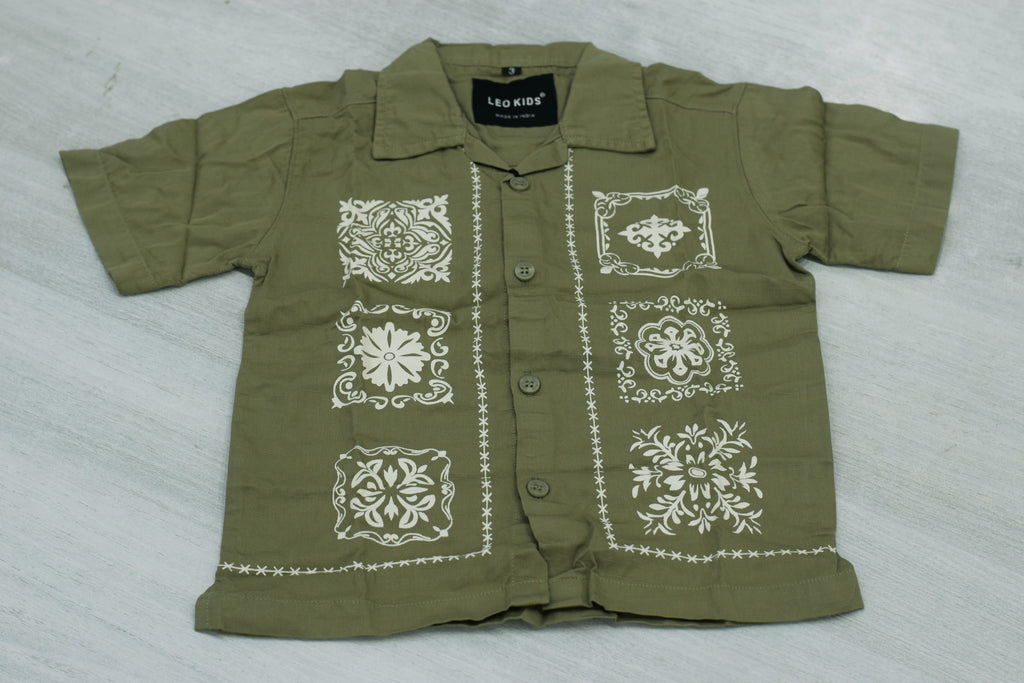 Boys Olive Green Cuban Collar Shirt with White Bandana Motif Print