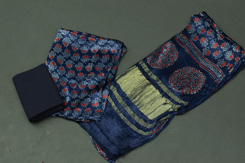 Midnight Navy Floral Modal Silk Churidar Material Set