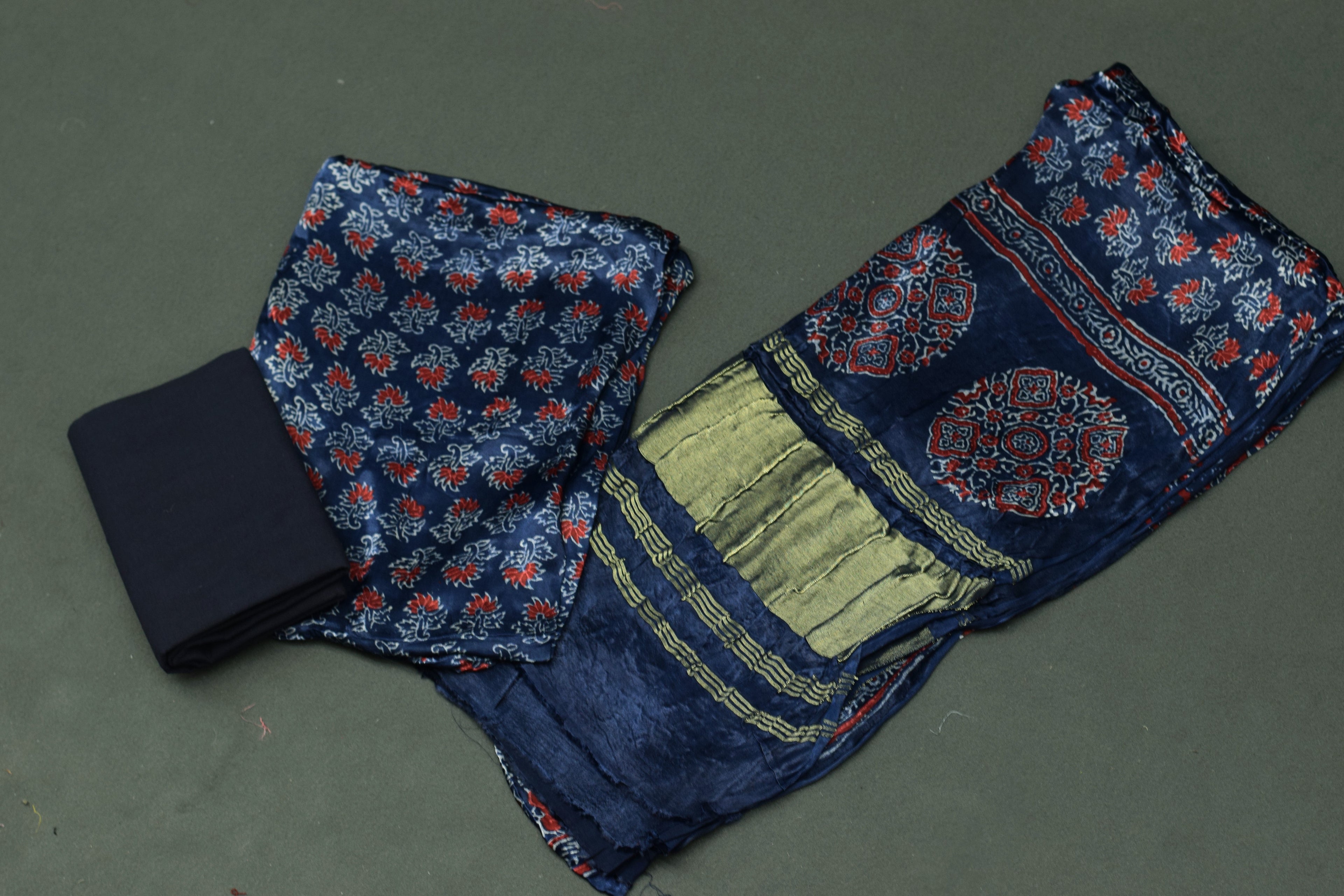 Midnight Navy Floral Modal Silk Churidar Material Set