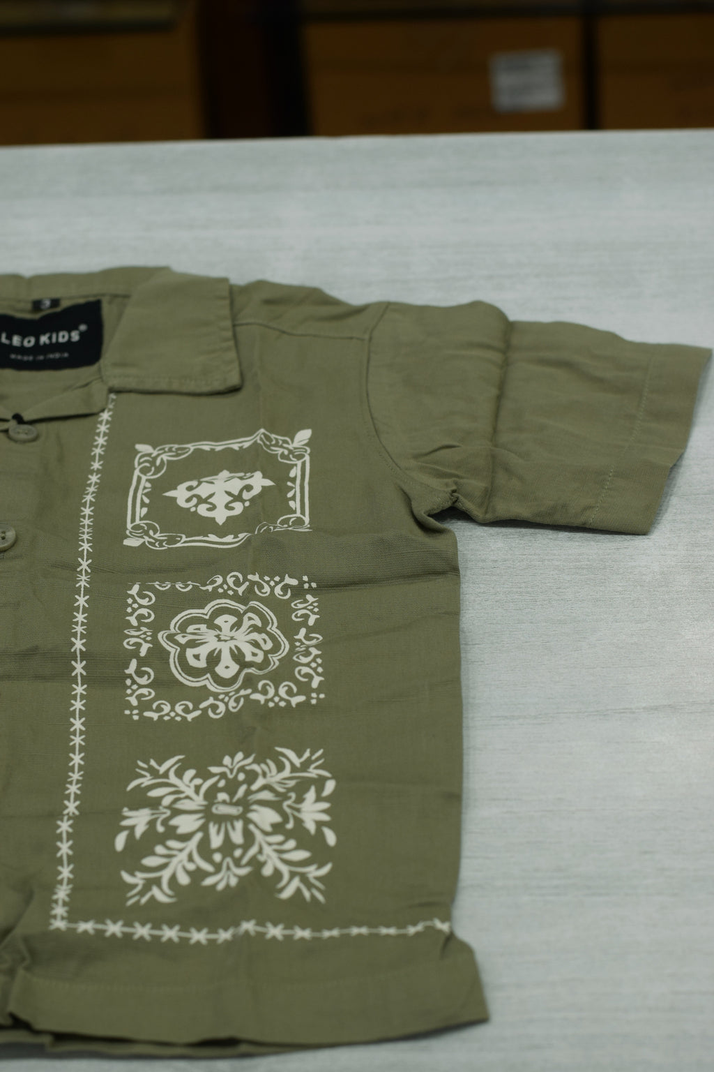 Boys Olive Green Cuban Collar Shirt with White Bandana Motif Print