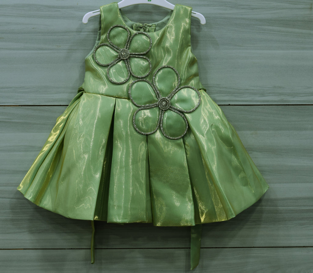 Olive Green Fancy Baby Girl Frock with Decorative Floral Embellishments