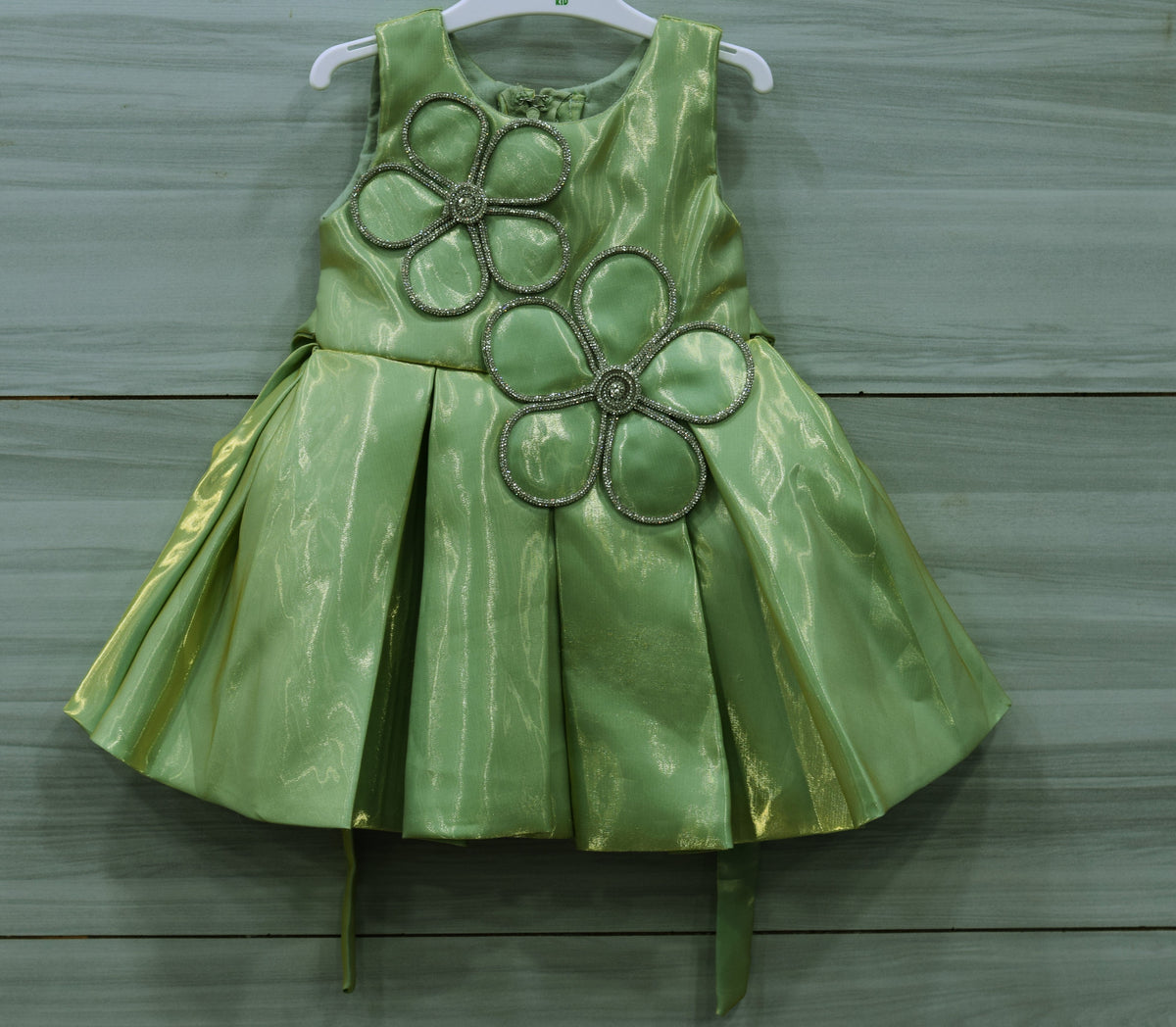 Olive Green Fancy Baby Girl Frock with Decorative Floral Embellishments